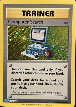 Computer Search 020/034 Trainer-kort fra Pokémon TCG Classic Blastoise Deck, med artwork af en retro computerterminal omgivet af digitale ikoner og glødende skærm.