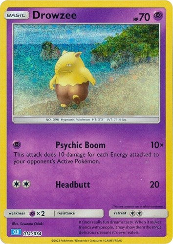 Holografisk Drowzee Pokémon-kort 011/034 fra 2023 Classic Blastoise Deck – psykisk type med retro artwork og foil-finish.
