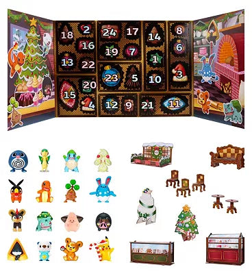 Pokémon Julekalender 2025 med 24 låger, indeholdende 16 battle-figurer og 8 vintertema-tilbehør.