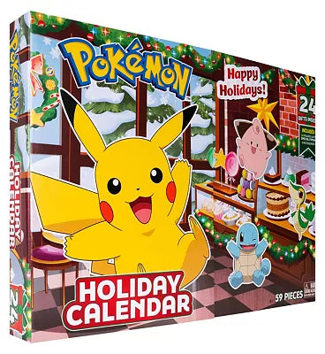 Pokémon Holiday Calendar 2025 med 24 låger, indeholdende 16 battle-figurer og 8 vintertema-tilbehør, pakket i en farverig juleæske med Pokémon-motiver.