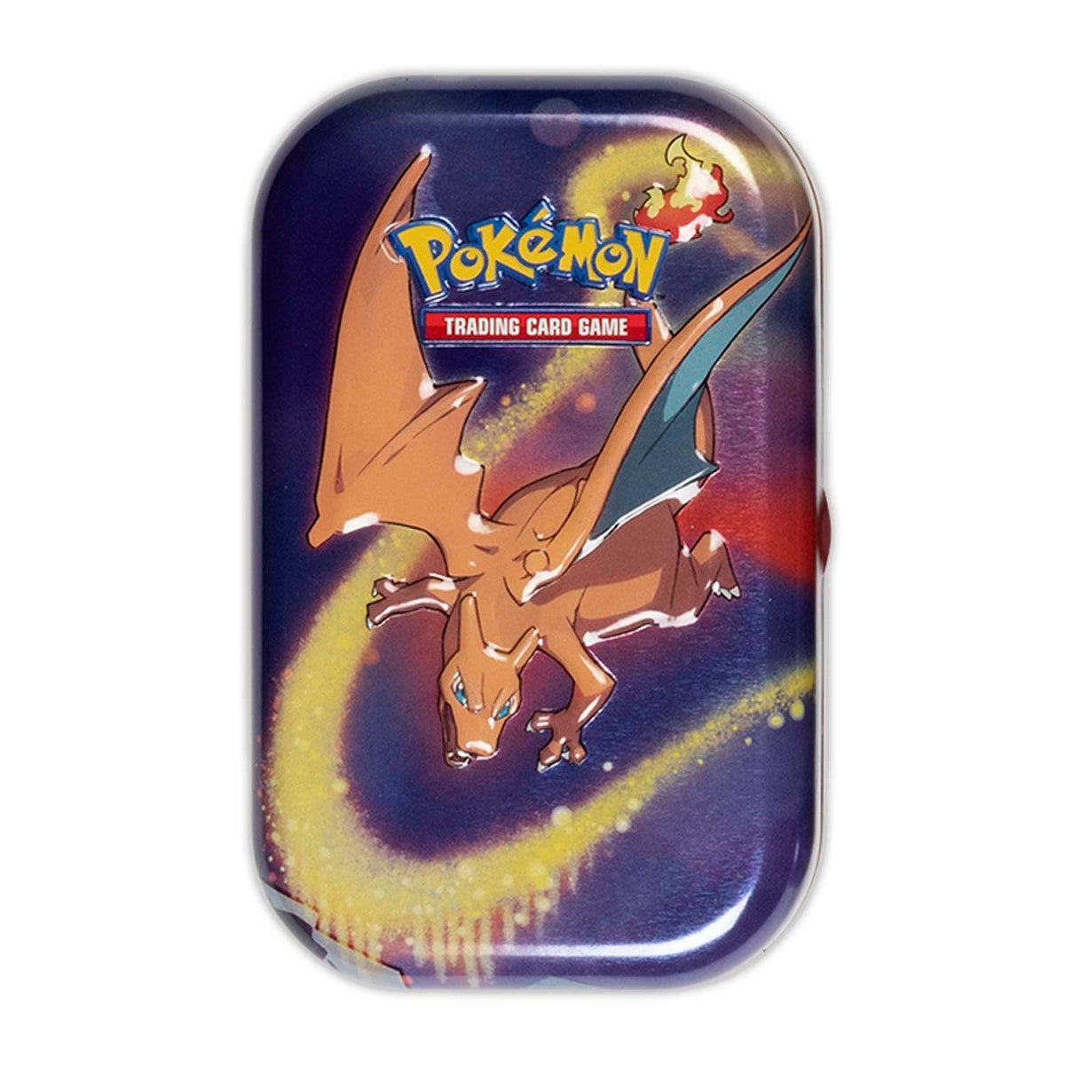 Pokémon TCG Kanto Power Mini Tin med artwork af Charizard, indeholdende to boosterpakker, en metallic mønt og et kunstkort i en kompakt metaldåse.
