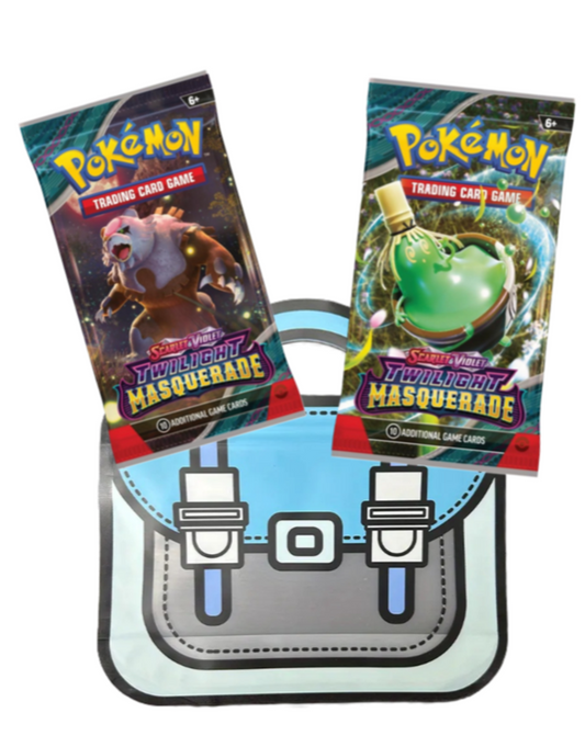 Den blå goodie-bag med 2 Pokémon booster-pakker fra Scarlet & Violet-udvidelser, præsenteret i en gennemsigtig zip-pose.