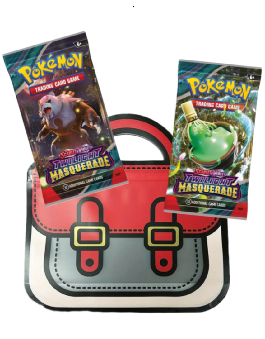 Goodie-bag med 2 Pokémon booster-pakker fra Scarlet & Violet-udvidelser, præsenteret i en gennemsigtig zip-pose.