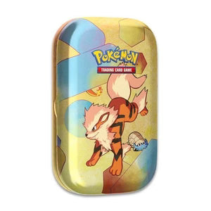 Pokémon Scarlet & Violet: 151 Mini Tin med Arcanine motiv indeholder 2 booster-pakker, metallic mønt og kunstkort – perfekt til samlere og TCG-fans.