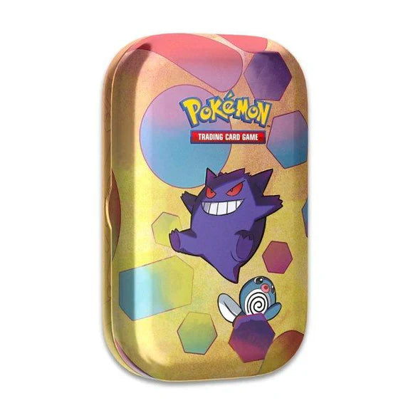 Pokémon Scarlet & Violet: 151 Mini Tin med Gengar motiv indeholder 2 booster-pakker, metallic mønt og kunstkort – perfekt til samlere og TCG-fans.