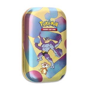 Pokémon Scarlet & Violet: 151 Mini Tin med Machamp indeholder 2 booster-pakker, metallic mønt og kunstkort – perfekt til samlere og TCG-fans.