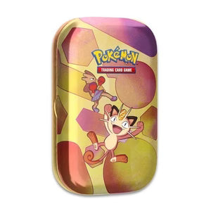 Pokémon Scarlet & Violet: 151 Mini Tin med Meowth motiv indeholder 2 booster-pakker, metallic mønt og kunstkort – perfekt til samlere og TCG-fans.
