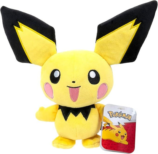 20 cm Pokémon Pichu Plush med store ører og glade øjne, fremstillet i blød gul og sort plys med broderede detaljer.