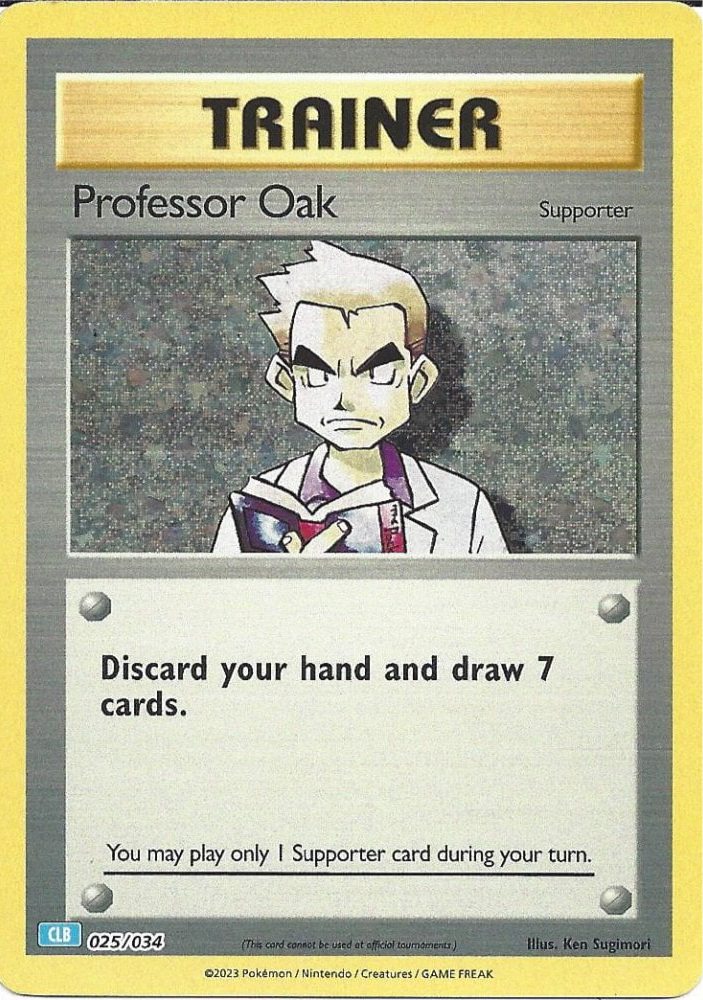 Professor Oak 025/034 Supporter-kort fra Pokémon TCG Classic Blastoise Deck, med holografisk artwork af Professor Oak i sit laboratorium, klar til at vejlede nye trænere.