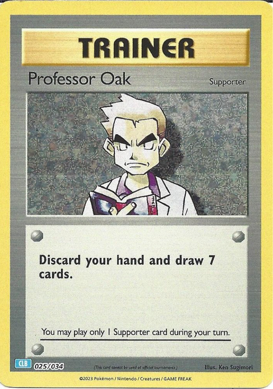 Professor Oak 025/034 Supporter-kort fra Pokémon TCG Classic Blastoise Deck, med holografisk artwork af Professor Oak i sit laboratorium, klar til at vejlede nye trænere.