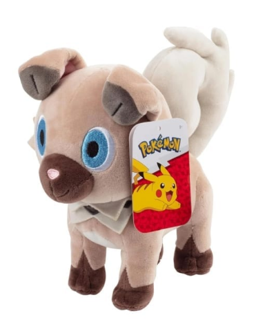 Rockruff plyslegetøj på 20 cm – brun og beige hvalpe-Pokémon med blå øjne og krave af sten, siddende og klar til kram.