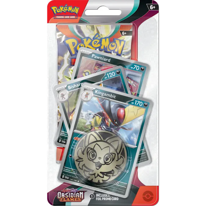 Pokémon TCG Obsidian Flames Premium Checklane Blister med Kingambit promo-kort, boosterpakke og metallic mønt.