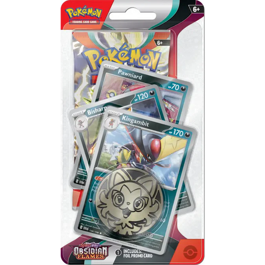 Pokémon TCG Obsidian Flames Premium Checklane Blister med Kingambit promo-kort, boosterpakke og metallic mønt.