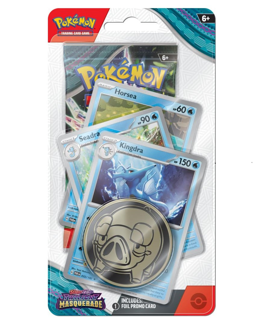 Pokémon TCG Scarlet & Violet Twilight Masquerade Premium Checklane Blister med booster, promo-kort Kingdra, Seadra og Horsea og mønt 