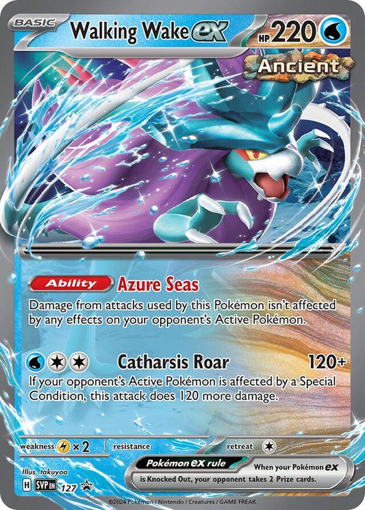 Holografisk Pokémon-kort Walking Wake ex SVP127 fra Scarlet & Violet Black Star Promo – vandtype legendarisk Pokémon med 220 HP og evnen Azure Seas.