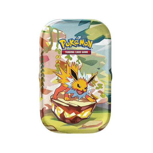Pokémon SV8.5 Prismatic Evolutions Mini Tin med Jolteon – en elegant og farverig metalboks med Pokémon-design.