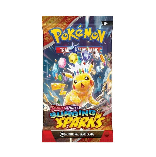 Pokémon SV08 Surging Sparks Booster-pakke – indeholder dynamiske kort til at styrke din Pokémon-samling.