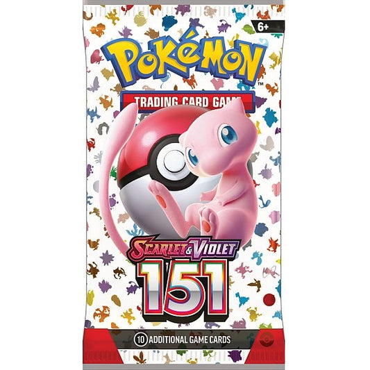 Pokémon TCG Scarlet & Violet 151 boosterpakke med ikoniske Kanto-Pokémon på omslaget, som Charizard, Blastoise og Mew.