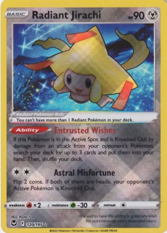 Radiant Jirachi er et Radiant kort fra Pokemon SWSH Silver Tempest serien.
