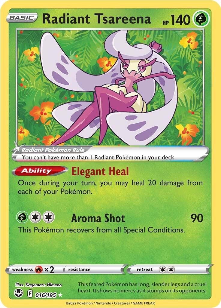 Radiant Tsareena er et Radiant kort fra Pokemon SWSH Silver Tempest serien.
Kortet har nummer 016/195.
