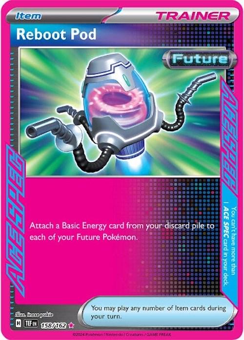 Reboot Pod er et Ultra Rare ACE SPEC kort fra Pokemon SV05 Temporal Forces serien. Kortet har nummer 158/162.