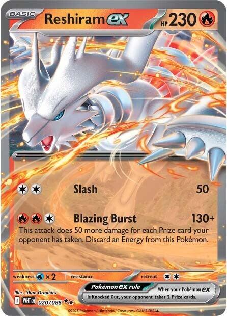 Reshiram ex er et Double Rare / Super Rare ex kort fra Pokemon SV10.5 White Flare serien.
Kortet har nummer 020/086.