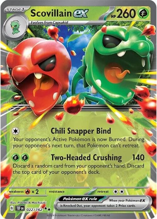 Scovillain ex er et Double Rare / Super Rare kort fra Pokemon SV05 Temporal Forces serien.Kortet har nummer 022/162.