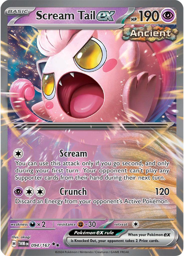 Scream Tail ex er et Double Rare | Super Rare kort fra Pokemon SV06 Twilight Masquerade serien. Kortet har nummer 094/167.