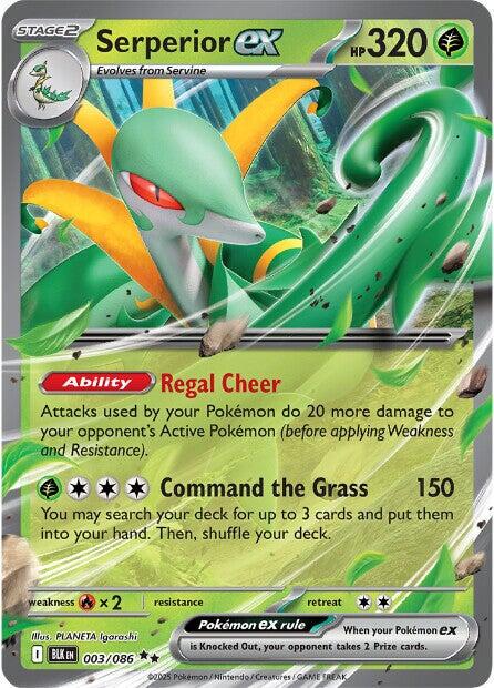 Serperior ex er et Double Rare / Super Rare ex kort fra Pokemon SV10.5 Black Bolt serien. Kortet har nummer 003/086. 