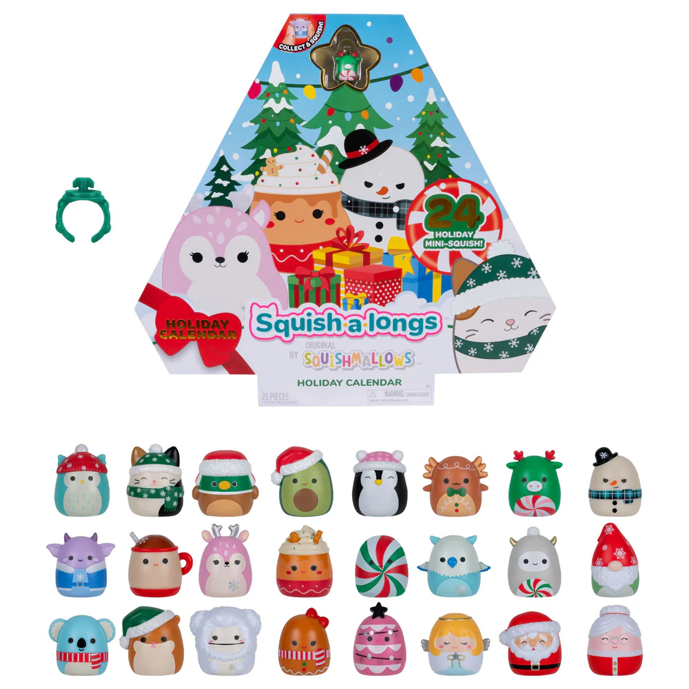 Squish-a-longs Holiday Countdown Calendar 2025 med 24 låger, indeholdende Mini-Squish figurer i juletema, samt ring-accessory og samlerguide i en farverig gaveæske.
