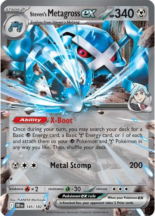 Steven’s Metagross ex er et Double Rare / Super Rare ex kort fra Pokemon SV10 Destined Rivals. Kortet er i en god stand.