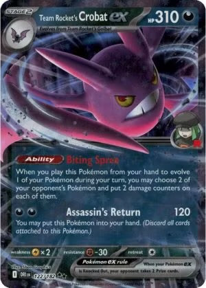 Team Rocket’s Crobat ex er et Double Rare / Super Rare ex kort fra Pokemon SV10 Destined Rivals. Kortet er i god stand.