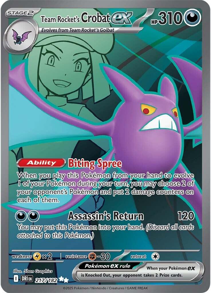 Team Rocket’s Crobat ex er et Ultra Rare / Secret Rare kort fra Pokemon SV10 Destined Rivals serien. Kortet har nummer 217/182.

