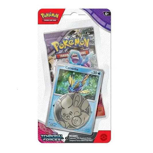 Pokémon Scarlet & Violet – Temporal Forces Checklane Blister Carvanha med boosterpakke og eksklusivt promokort.