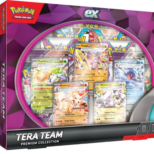 Pokémon ex Box: Tera Team Premium Collection 2024 – et eksklusivt sæt med dynamiske Pokémon ex-kort og premium tilbehør til samlere og trænere.