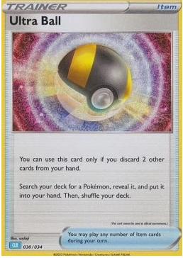 Ultra Ball 030/034 Trainer-kort fra Pokémon TCG Classic Blastoise Deck, med artwork af en Ultra Ball omgivet af lysglimt og energibølger, der symboliserer kraftfuld søgning.