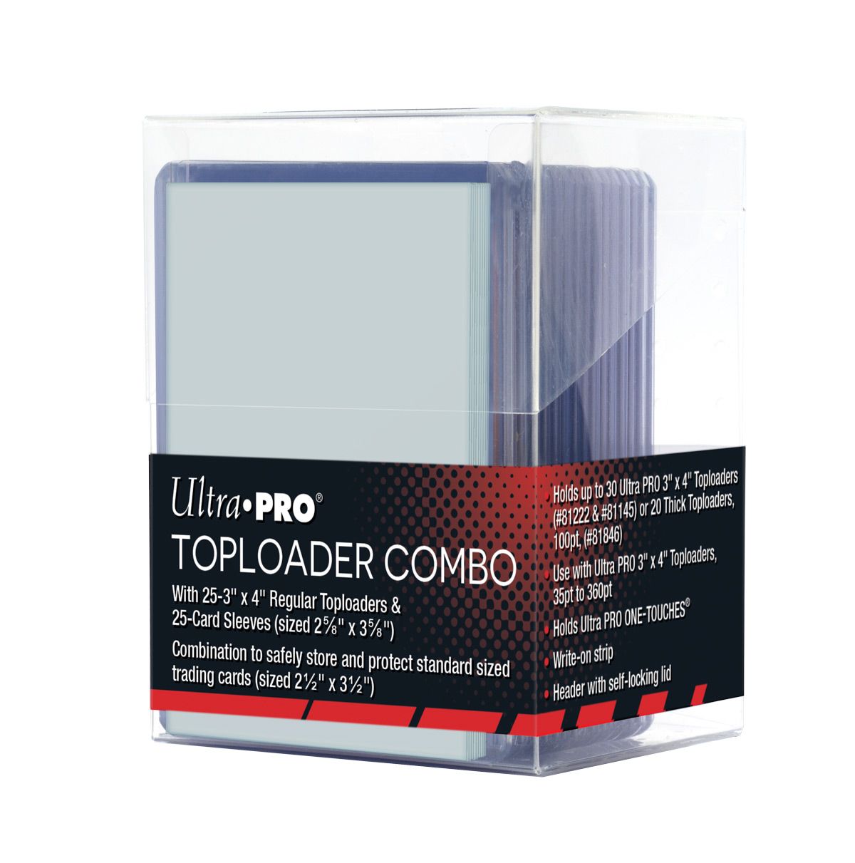 UltraPro Toploader Combo med 25 klare 3"x4" toploaders og 25 sleeves i gennemsigtig opbevaringsboks til standard samlekort.