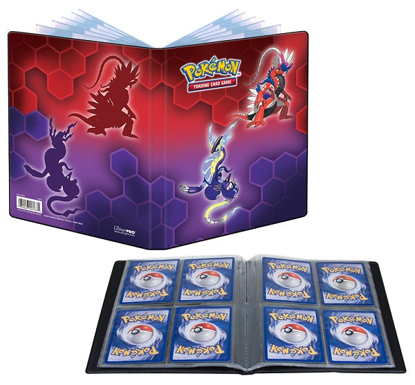 UltraPro Pokémon Koraidon & Miraidon 4‑lommer mappe med plads til 80 Pokémon‑kort og 4 oversize‑kort.