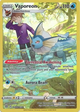Vaporeon er et Ultra Rare kort fra Pokemon SWSH Brilliant Stars serien og har nummer TG02/TG30.