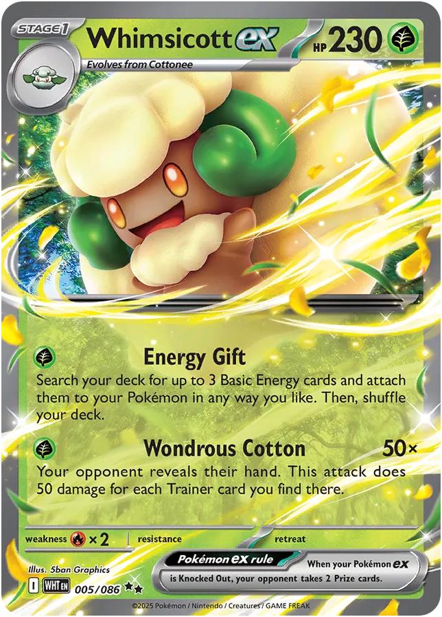 Whimsicott ex er et Double Rare / Super Rare ex (SV) kort fra Pokemon SV10.5 White Flare serien.Kortet har nummer 005/086.