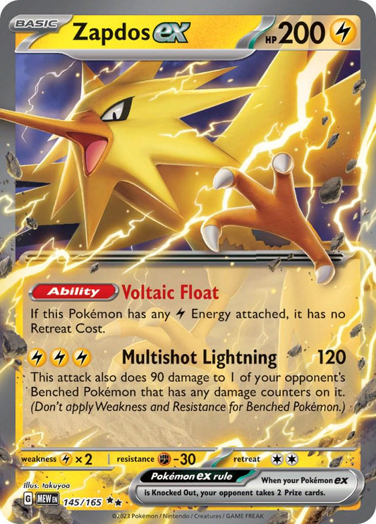 Zapdos ex er et Double Rare / Super Rare ex kort fra Pokemon SV03.5 151 serien. Kortet har nummer 145/165.